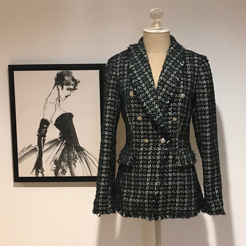 Rachel Zoe green / black tweed blazer size XS